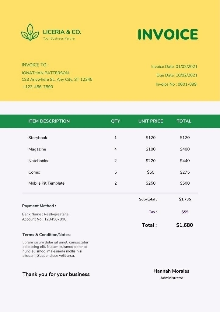 Mẫu hoá đơn màu vàng xanh