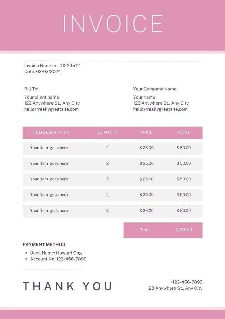 Mẫu hoá đơn màu hồng