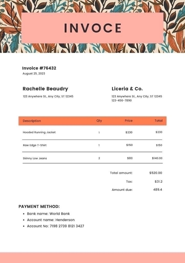 Mẫu hoá đơn nền hoa thời trang